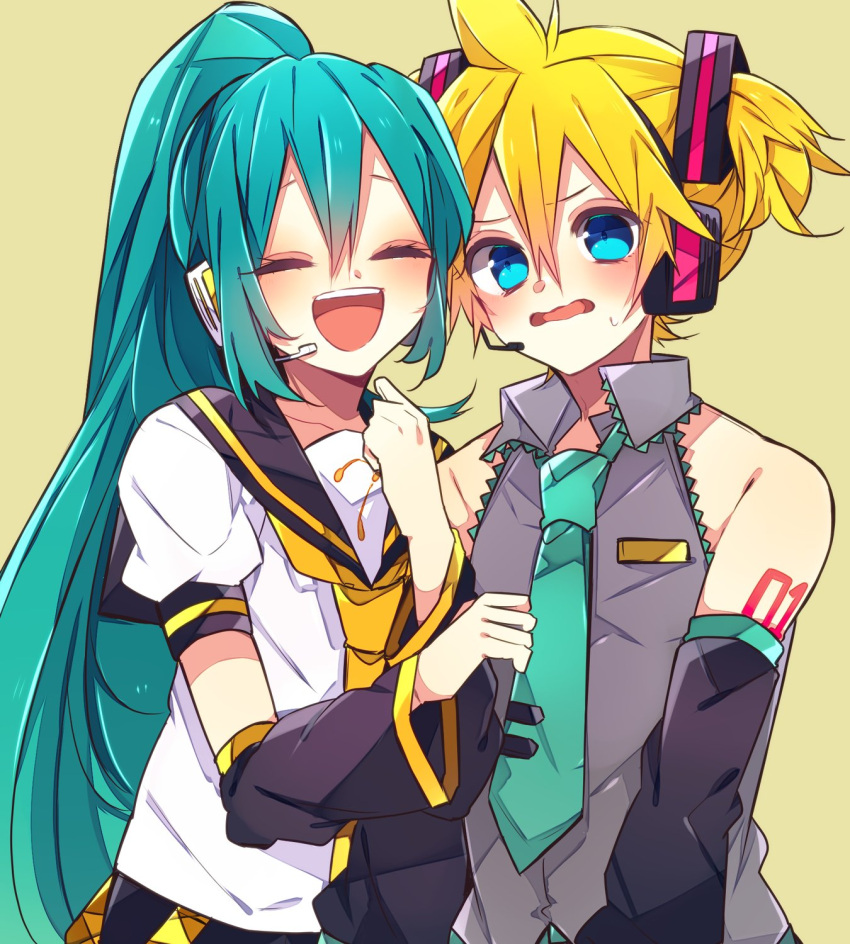 1boy 1girl :d alternate_hairstyle aqua_eyes aqua_hair aqua_neckwear arm_warmers bare_shoulders bass_clef black_collar black_sleeves blonde_hair blue_eyes blush closed_eyes collar collared_shirt commentary cosplay costume_switch detached_sleeves embarrassed grey_shirt hair_ornament hatsune_miku hatsune_miku_(cosplay) headphones headset highres kagamine_len kagamine_len_(cosplay) kaho_0102 looking_at_viewer necktie open_mouth ponytail sailor_collar school_uniform shirt short_hair short_sleeves short_twintails shoulder_tattoo sleeveless sleeveless_shirt smile spiky_hair sweat tattoo twintails upper_body vocaloid white_shirt yellow_neckwear