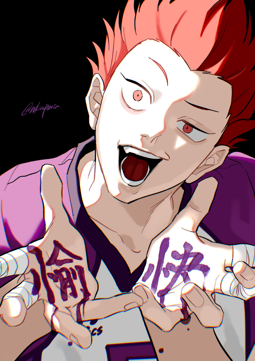 1boy :d absurdres anaglyph bandages black_background haikyuu!! head_tilt highres looking_at_viewer lovemaronmeru0827 male_focus open_mouth red_eyes redhead short_hair simple_background smile solo sportswear teeth tendou_satori twitter_username upper_body volleyball_uniform