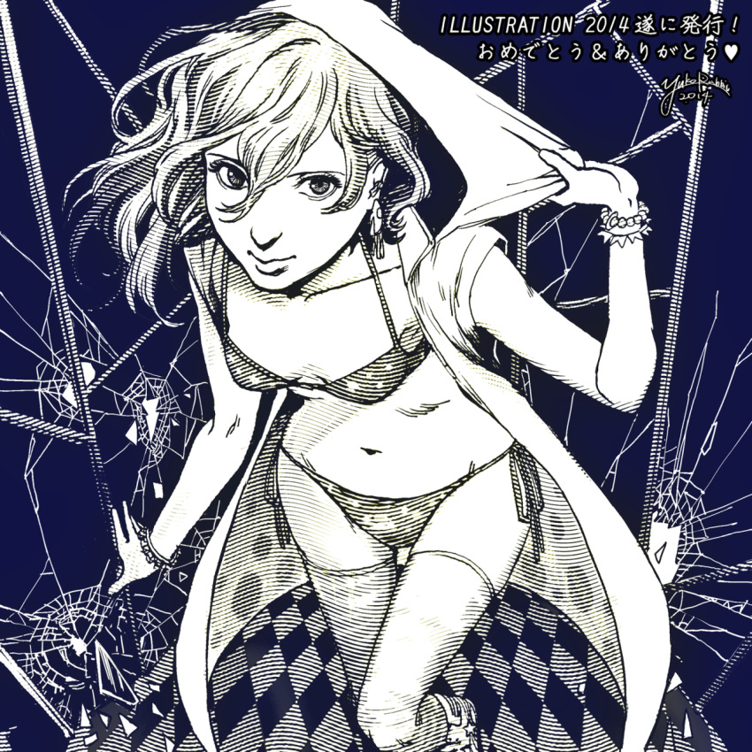 1girl 2014 bikini bracelet breasts crack earrings geloko greyscale hair_between_eyes hand_up heart highres hood hood_up illustration.media jewelry long_hair looking_at_viewer monochrome navel original signature small_breasts smile solo swimsuit thigh-highs