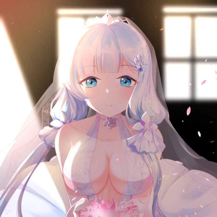 1girl azur_lane bare_shoulders blue_eyes bouquet breasts bridal_veil center_opening dress flower gloves hair_ribbon halter_dress halterneck highres illustrious_(azur_lane) illustrious_(morning_star_of_love_and_hope)_(azur_lane) indoors lace-trimmed_dress lace_trim large_breasts long_hair looking_at_viewer mole official_alternate_costume ribbon sleeveless sleeveless_dress solo tress_ribbon tri_tails veil wedding_dress white_dress white_flower white_gloves white_hair yan_er10