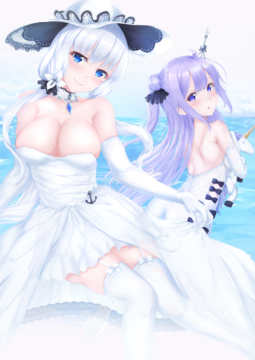 2girls azur_lane backless_dress backless_outfit bare_shoulders black_ribbon blue_eyes breasts clouds dress elbow_gloves garter_straps gloves hair_ribbon hat highres holding holding_toy illustrious_(azur_lane) kcc_(tanimahimeyuri) lace-trimmed_dress lace-trimmed_headwear lace_trim large_breasts long_hair looking_at_viewer looking_to_the_side multiple_girls ocean purple_hair ribbon see-through_dress skirt_hold sleeveless sleeveless_dress solo strapless strapless_dress stuffed_animal stuffed_toy stuffed_unicorn sun_hat thigh-highs toy tress_ribbon two-tone_headwear unicorn_(azur_lane) violet_eyes water white_dress white_gloves white_hair white_headwear white_legwear