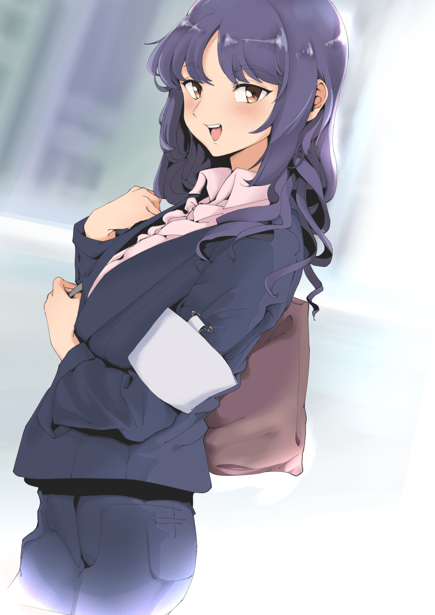 1girl :d absurdres armband bag black_suit blurry blurry_background brown_eyes feifufung formal handbag highres long_hair office_lady open_mouth original outdoors safety_pin smile suit