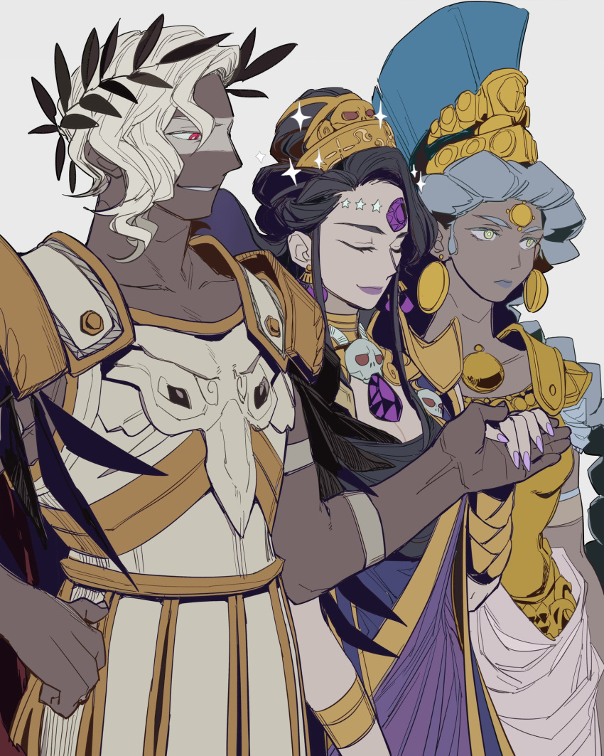 1boy 2girls ares_(hades) armor athena_(hades) black_hair blue_hair braid closed_eyes dark_skin dark-skinned_female dark_skinned_male dress earrings gem greek_clothes hades_(game) helmet highres holding_hands jewelry laurel_crown mochimochimochi multiple_girls nyx_(hades) pale_skin purple_lips purple_nails red_eyes single_braid skull smile white_hair yellow_eyes