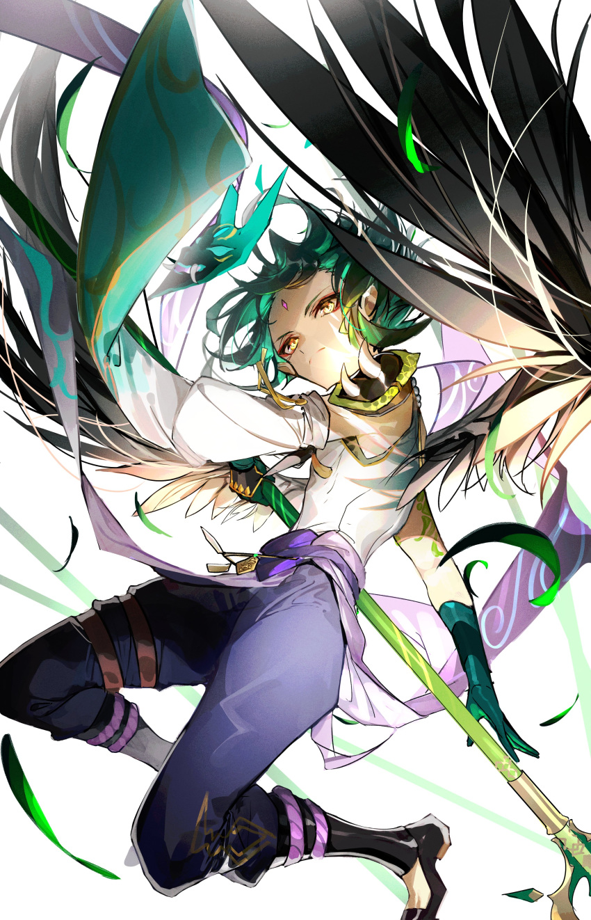 1boy absurdres arm_guards arm_tattoo armor asymmetrical_clothes black_hair closed_mouth commentary_request detached_sleeves diamond_(shape) eyeshadow facial_mark forehead_mark genshin_impact gloves green_gloves green_hair highres holding holding_spear holding_weapon jewelry long_hair makeup male_focus multicolored_hair mura_karuki pendant polearm red_eyeshadow shoulder_armor shoulder_pads shoulder_spikes simple_background single_detached_sleeve slit_pupils solo spear spikes tassel tattoo two-tone_hair weapon white_background xiao_(genshin_impact) yellow_eyes