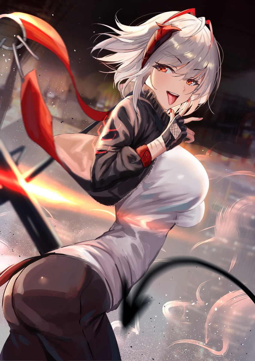 1girl absurdres arknights bangs black_gloves black_jacket breasts fingerless_gloves gejigejier gloves highres horns jacket looking_at_viewer red_eyes scarf shirt short_hair silver_hair solo tail tongue tongue_out w_(arknights) white_shirt