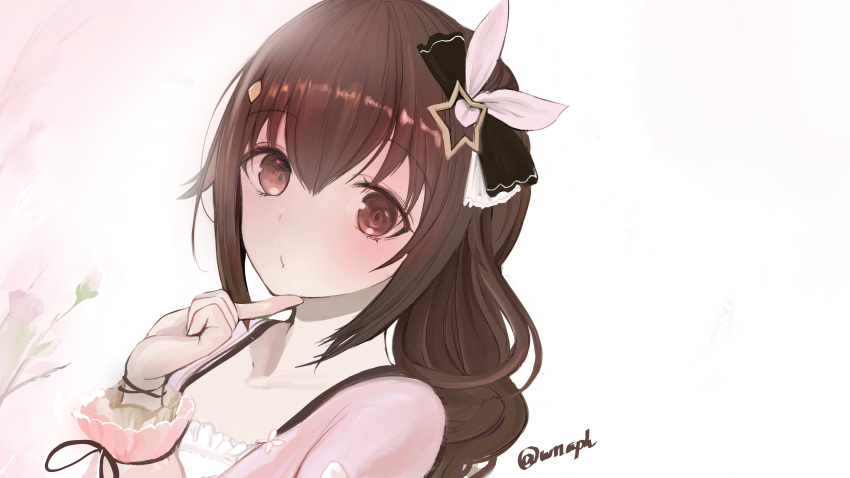 1girl :d absurdres bangs blouse blush braid brown_eyes brown_hair collarbone diamond_hair_ornament finger_to_own_chin frilled_sleeves frills hair_between_eyes hair_flaps hair_ornament hair_ribbon hairclip highres hololive index_finger_raised long_hair long_sleeves looking_at_viewer low_neckline official_alternate_costume open_mouth pink_blouse pink_ribbon portrait puckered_lips ribbon signature single_braid smile solo star_(symbol) star_hair_ornament tokino_sora twitter_username upper_body virtual_youtuber wnaph