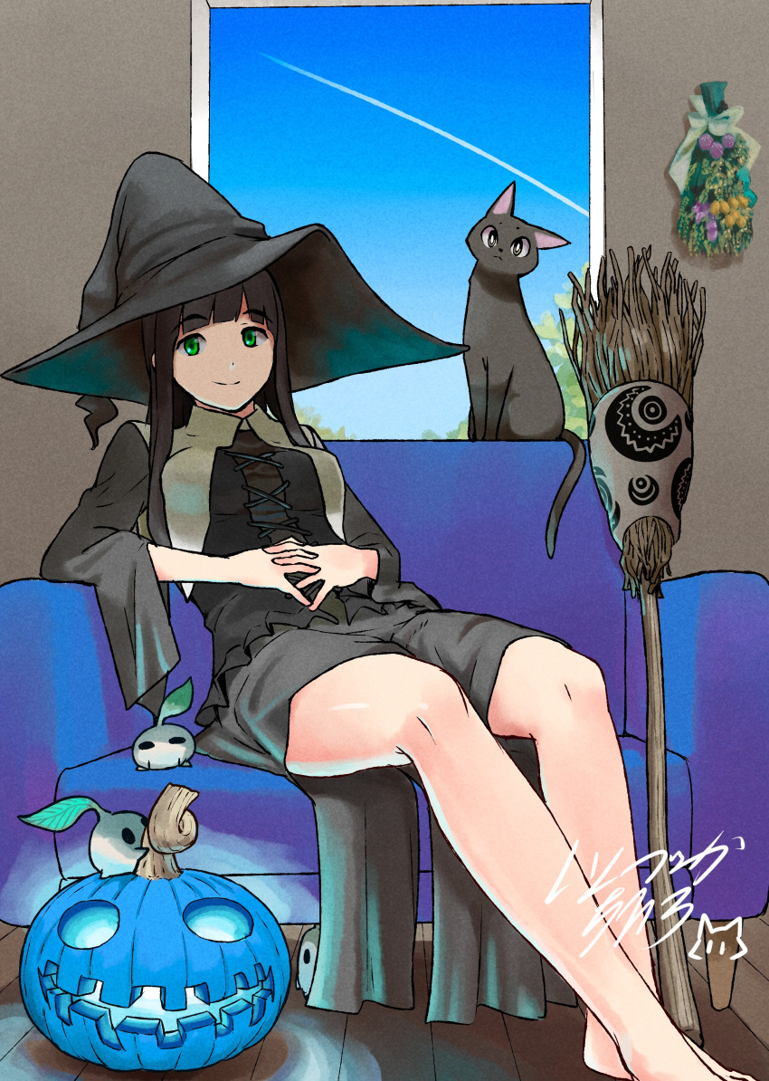 1girl absurdres bangs barefoot black_hair black_skirt broom cat chito_(flying_witch) closed_mouth couch cross-laced_clothes flying_witch green_eyes halloween hands_on_own_stomach hat highres interlocked_fingers ishizuka_chihiro jack-o'-lantern kowata_makoto long_hair long_skirt long_sleeves looking_at_viewer official_art on_couch side_slit signature sitting skirt smile solo straight_hair wide_sleeves witch_hat