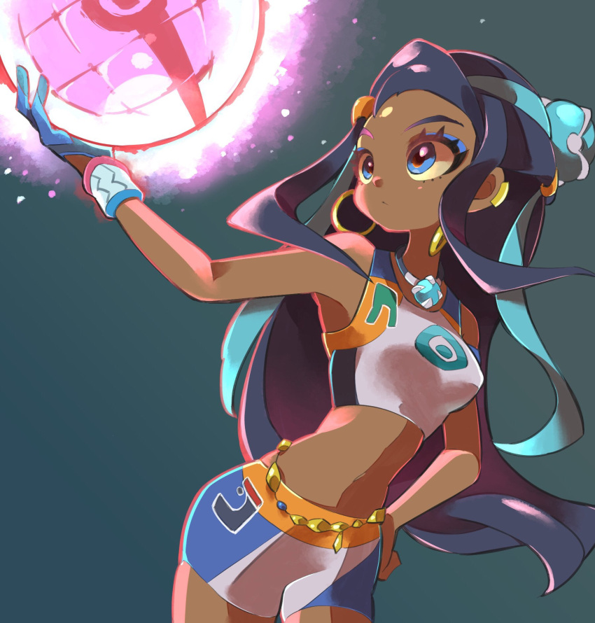 1girl arm_up armlet belly_chain bike_shorts black_hair blue_eyes blue_eyeshadow blue_hair breasts closed_mouth commentary_request dark_skin dark-skinned_female dynamax_ball dynamax_band earrings eyeshadow gloves green_background gym_leader hair_bun hand_on_hip highres holding holding_poke_ball hoop_earrings hyou_(hyouga617) jewelry long_hair looking_back makeup multicolored_hair necklace nessa_(pokemon) poke_ball pokemon pokemon_(game) pokemon_swsh simple_background single_glove solo two-tone_hair