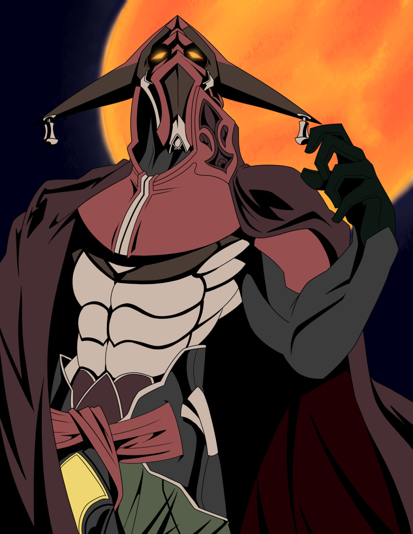 absurdres accessories andoryuanzuru armor belt brown_cape cape grahf hand_up helmet highres looking_at_viewer mask mask_on_head moon night night_sky orange_eyes orange_moon pose sky standing villain_pose xeno_(series) xenogears