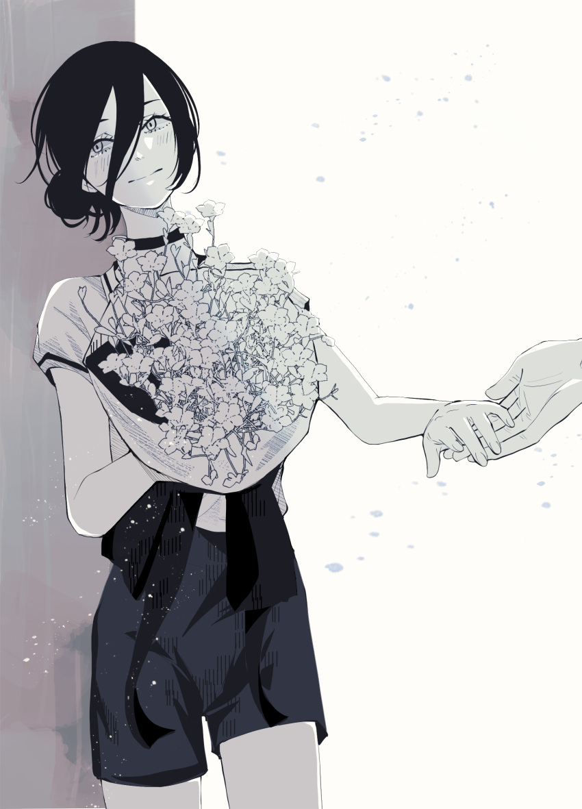 1girl absurdres blush bouquet chainsaw_man choker closed_mouth collared_shirt commentary cowboy_shot eyebrows_visible_through_hair eyelashes facing_viewer flower grenade_pin greyscale hair_bun head_tilt highres holding holding_bouquet holding_hands looking_to_the_side monochrome out_of_frame petals reze_(chainsaw_man) shirt shirt_tucked_in short_hair short_shorts short_sleeves shorts simple_background smile solo_focus toukaairab white_background