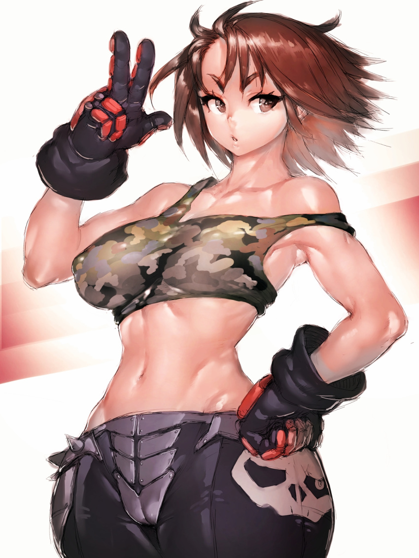 1girl bare_shoulders black_gloves breasts brown_eyes brown_hair covered_nipples fumio_(rsqkr) gloves hand_on_hip highres kazama_akira looking_at_viewer medium_breasts midriff navel parted_lips rival_schools short_hair solo v