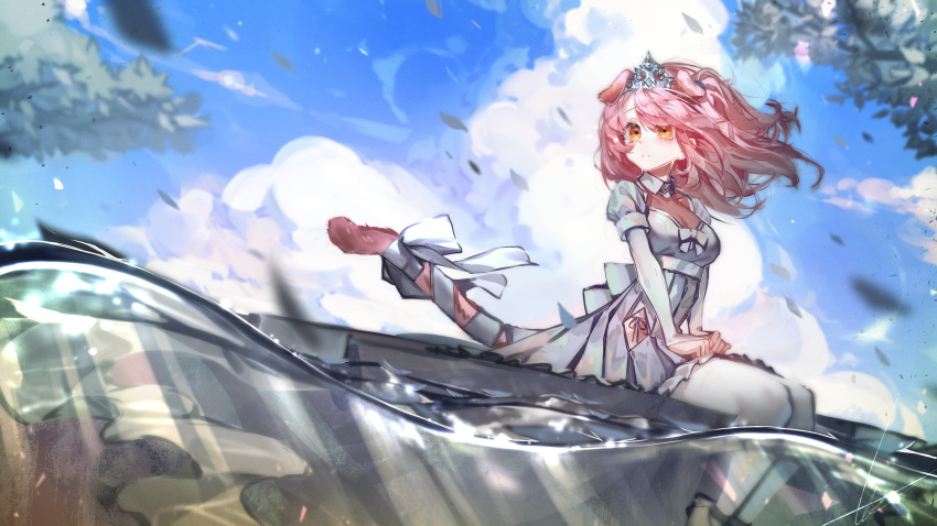 1girl absurdres animal_ears arknights blue_sky bow bridal_gauntlets brown_eyes cat_ears cat_girl cat_tail clouds cloudy_sky collared_dress commentary_request day dress floating_hair goldenglow_(arknights) grey_bow grey_dress highres libiadan long_hair outdoors panties partially_underwater_shot pink_hair pleated_dress puffy_short_sleeves puffy_sleeves short_sleeves side-tie_panties signature sitting sky solo tail tail_bow tail_ornament thigh-highs tiara underwear water white_legwear white_panties