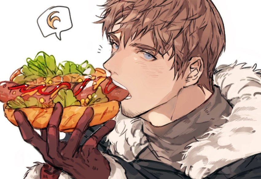 1boy ardbert_(ff14) blue_eyes brown_hair commentary_request eating facial_hair final_fantasy final_fantasy_xiv food fur_trim gloves glowing_dk highres holding holding_food hot_dog korean_commentary looking_at_viewer male_focus notice_lines red_gloves short_hair simple_background solo speech_bubble symbol_request white_background
