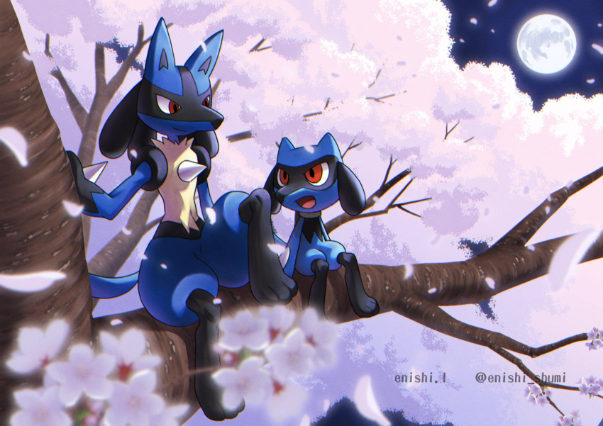 artist_name closed_mouth commentary_request enishi_(menkura-rin10) gen_4_pokemon highres lucario moon night open_mouth outdoors petals pokemon pokemon_(creature) red_eyes riolu sitting sky smile spikes toes tongue tree yellow_fur