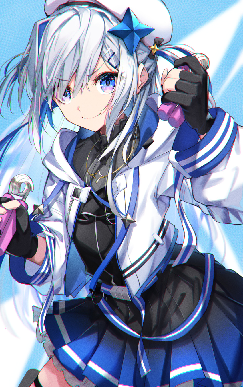 &gt;:) 1girl absurdres amane_kanata beret blue_hair casual colored_inner_hair eyebrows_visible_through_hair gloves hair_ornament hairclip hand_grip hat herigaru_(fvgyvr000) highres hololive hood hoodie jacket jewelry multicolored_hair necklace partially_fingerless_gloves silver_hair skirt smile solo thigh_strap twintails two-tone_hair v-shaped_eyebrows violet_eyes virtual_youtuber