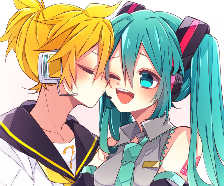 1boy 1girl aqua_eyes aqua_hair aqua_neckwear bare_shoulders bass_clef black_collar black_sleeves blonde_hair cheek_kiss closed_eyes collar collared_shirt commentary detached_sleeves grey_shirt hair_ornament hatsune_miku headphones headset hetero highres kagamine_len kaho_0102 kiss long_hair necktie one_eye_closed open_mouth sailor_collar school_uniform shirt short_ponytail shoulder_tattoo sleeveless sleeveless_shirt smile spiky_hair tattoo twintails upper_body vocaloid white_shirt yellow_neckwear