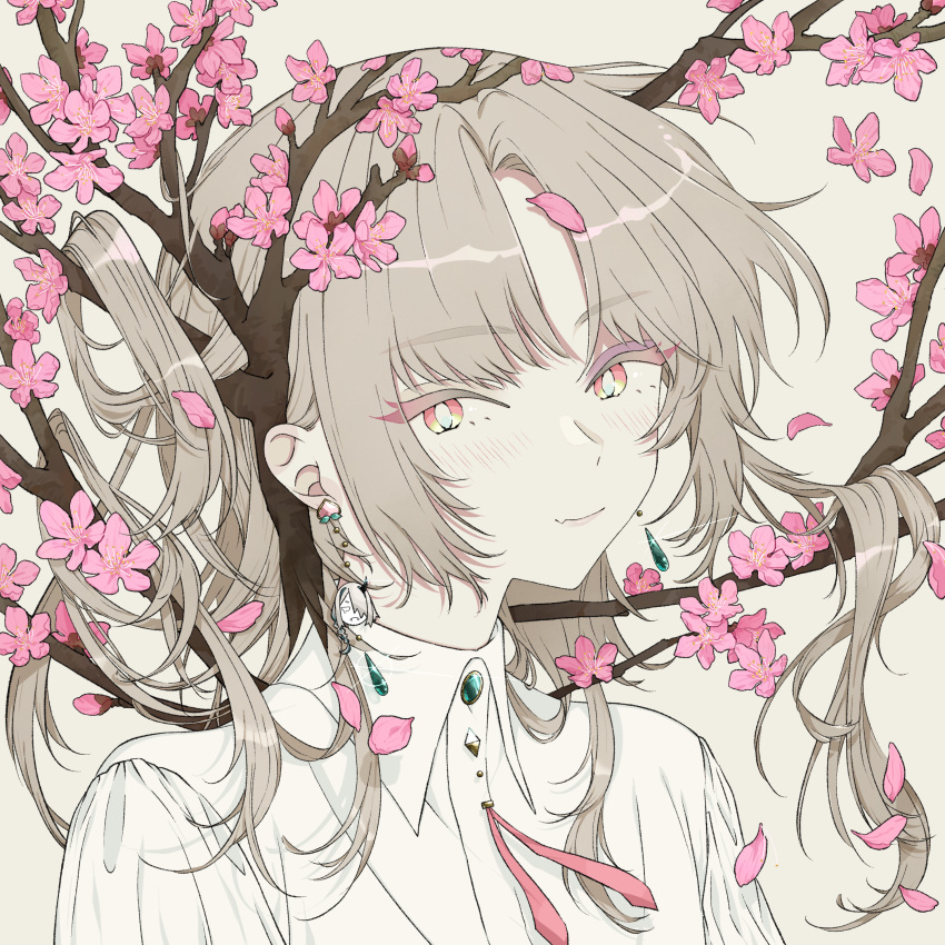 absurdres ambiguous_gender androgynous bangs blue_menouu branch collared_shirt earrings eyebrows_visible_through_hair flower grey_hair highres jewelry long_hair looking_at_viewer original petals pink_flower portrait shadow shirt simple_background solo white_background white_shirt