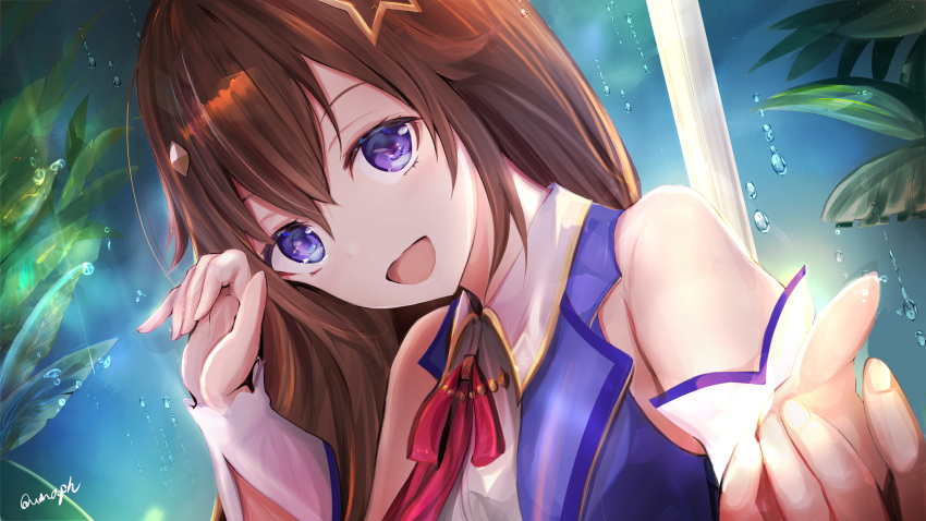 1girl :d bangs beckoning blue_eyes blue_vest brown_hair collared_shirt diamond_hair_ornament dutch_angle hair_between_eyes hair_flaps hair_ornament hairclip highres hololive idol long_hair looking_at_viewer neck_ribbon open_mouth outstretched_hand reaching_out red_neckwear ribbon shirt signature sleeveless sleeveless_shirt smile solo star_(symbol) star_hair_ornament tokino_sora twitter_username upper_body vest virtual_youtuber white_shirt wnaph