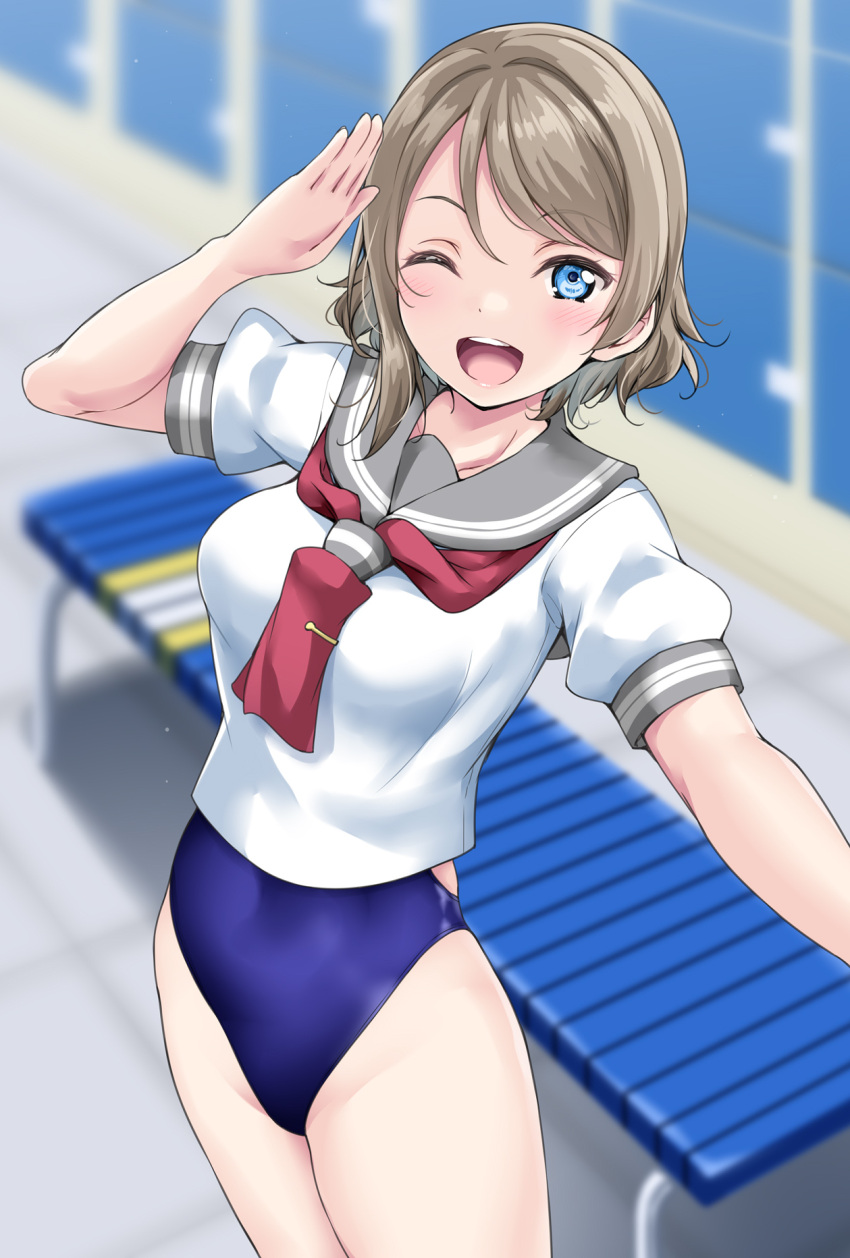 1girl :d bangs bench blue_eyes blue_swimsuit blush breasts grey_hair highres indoors locker locker_room looking_at_viewer love_live! love_live!_sunshine!! medium_breasts neckerchief no_pants one-piece_swimsuit one_eye_closed open_mouth outstretched_hand red_neckwear sailor_collar school_swimsuit school_uniform shirt short_hair smile solo swimsuit swimsuit_under_clothes thighs upper_teeth watanabe_you white_shirt yopparai_oni