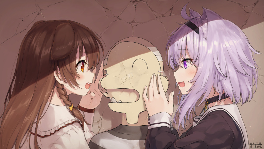 2girls :3 :d absurdres animal_ears blush brown_hair cat_ears dated dog_ears fang highres hololive inugami_korone listener_(inugami_korone) long_sleeves multiple_girls nekomata_okayu open_mouth prison_clothes profile purple_hair signature smile traveler_(artbbt) upper_body virtual_youtuber whispering