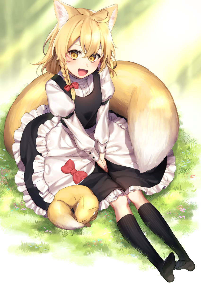 1girl :d animal_ears apron between_legs black_dress black_legwear blonde_hair blush bow braid commentary_request curly_hair day dress fang fox fox_ears fox_girl fox_tail frilled_apron frilled_dress frills from_above full_body hair_between_eyes hair_bow hand_between_legs happy highres jill_07km kirisame_marisa kneehighs long_hair long_sleeves looking_at_viewer looking_up no_shoes on_grass on_ground open_mouth outdoors red_bow shirt single_braid sitting sleeping smile solo tail touhou waist_apron white_apron white_shirt yellow_eyes