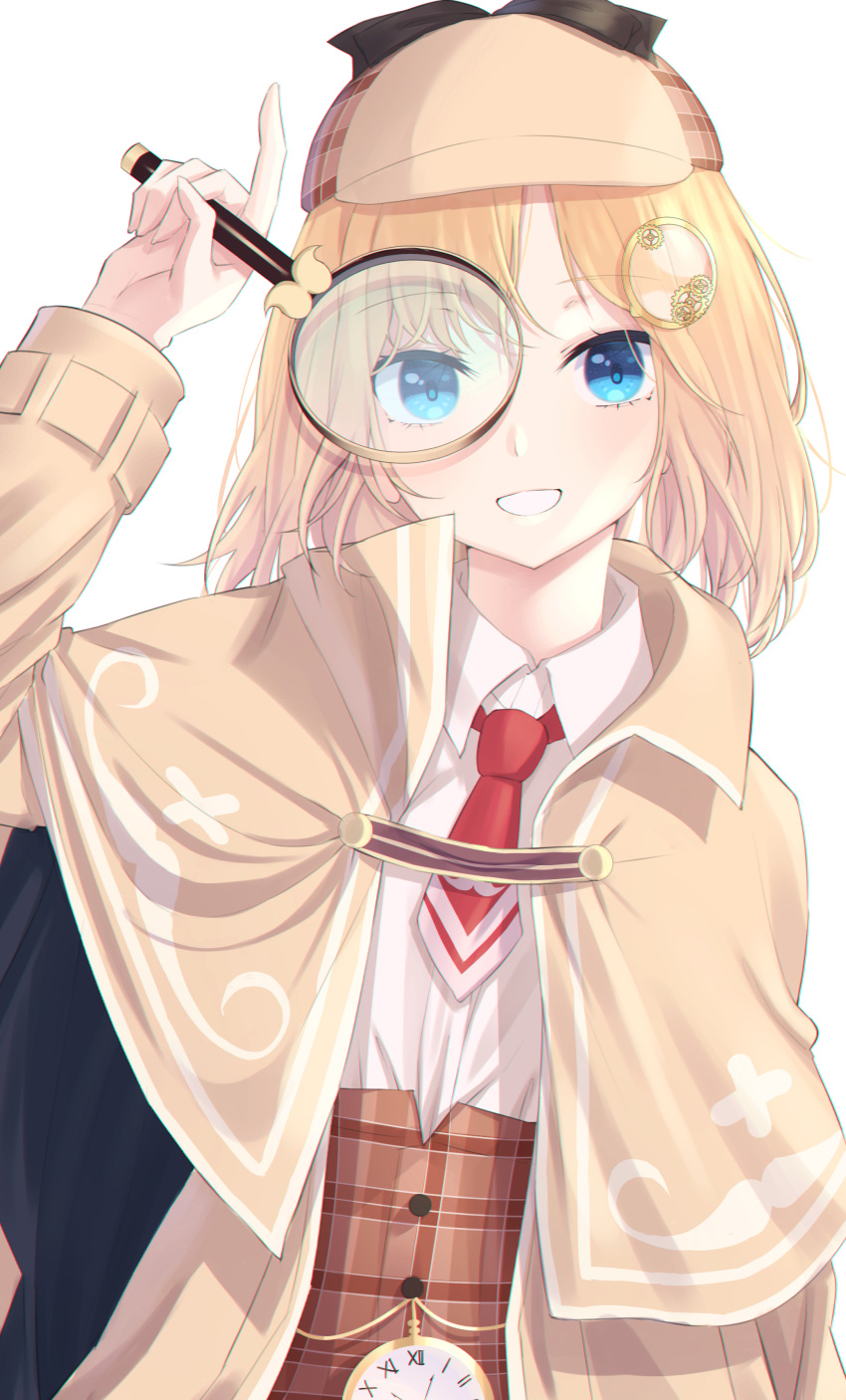 1girl absurdres blonde_hair blue_eyes capelet deerstalker grin hair_ornament hat highres hololive hololive_english kttmr_i long_sleeves looking_at_viewer magnifying_glass medium_hair monocle_hair_ornament necktie pocket_watch red_neckwear simple_background smile solo upper_body virtual_youtuber watch watson_amelia white_background