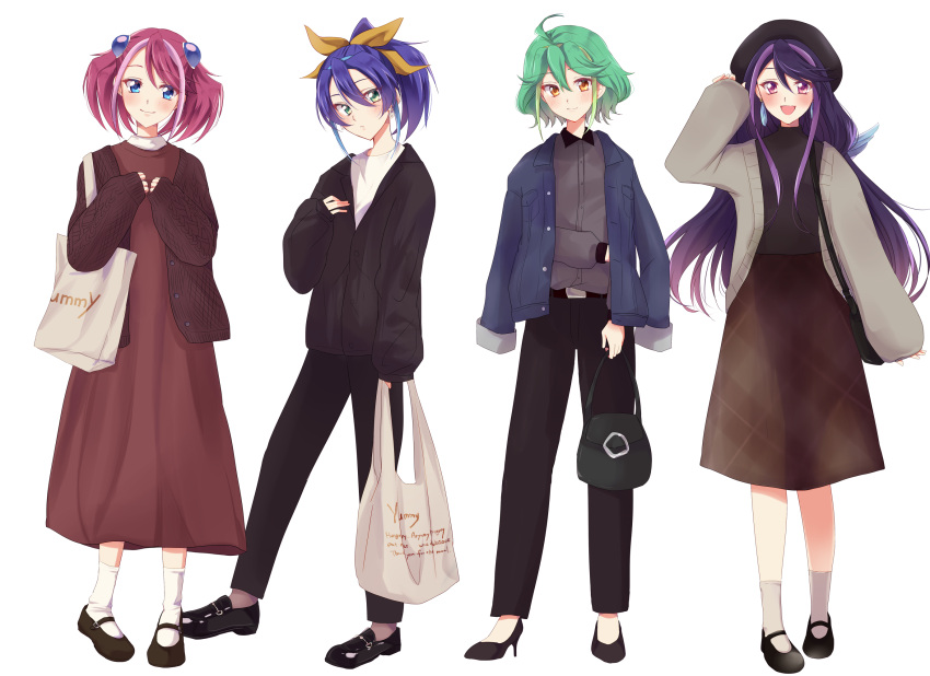 4girls alternate_costume blue_eyes blue_hair bracelet_girls closed_mouth earrings full_body green_eyes green_hair hiiragi_yuzu kurosaki_ruri multicolored_hair open_mouth orange_eyes pink_eyes pink_hair purple_hair rin_(yuu-gi-ou_arc-v) serena_(yuu-gi-ou_arc-v) short_twintails smile yaharinaneanisu yellow_bow yuu-gi-ou yuu-gi-ou_arc-v