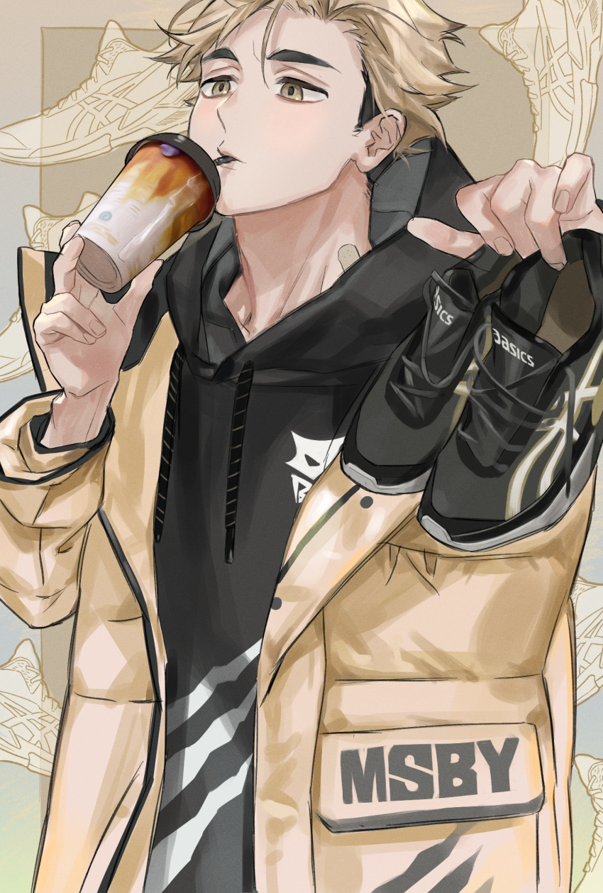 1boy bangs brown_eyes drinking drinking_straw haikyuu!! highres holding hood hoodie jacket keki_chogyegi looking_away male_focus miya_atsumu multicolored_hair open_clothes open_jacket shoes short_hair simple_background sneakers solo standing two-tone_hair