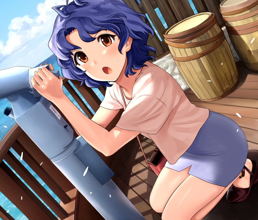 1girl :o absurdres antenna_hair bag bangs barrel binoculars blue_hair blue_skirt blue_sky brown_footwear clouds fence hanamasa_ono handbag highres idolmaster idolmaster_million_live! light_blush looking_at_viewer ocean open_mouth orange_eyes parted_bangs petals pink_shirt shirt short_hair short_sleeves skirt sky solo squatting sweatdrop toyokawa_fuuka water