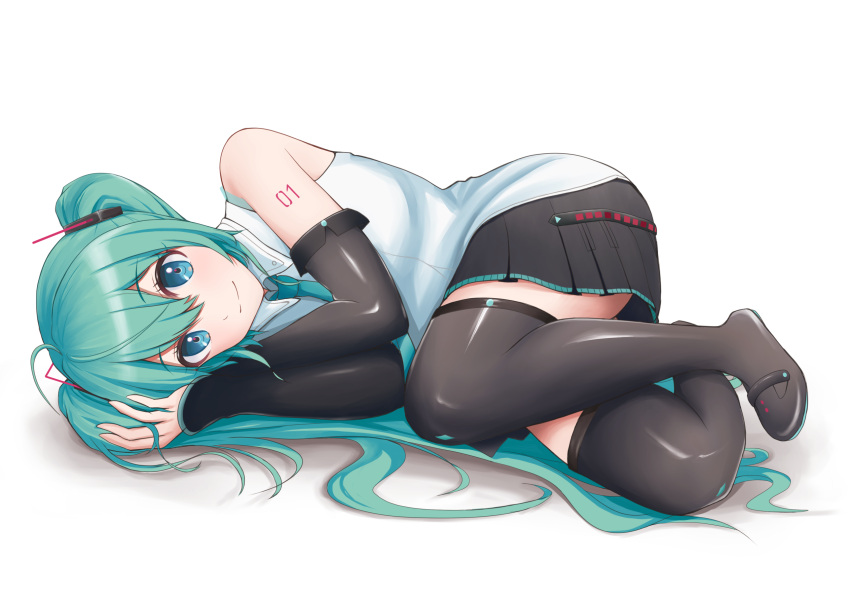 1girl aqua_hair aqua_neckwear bare_shoulders black_legwear black_skirt black_sleeves blue_eyes commentary detached_sleeves fetal_position full_body hair_ornament hatsune_miku hatsune_miku_(vocaloid4) highres long_hair looking_at_viewer lying miniskirt necktie nekoinu_bamboo on_side pleated_skirt shirt shoulder_tattoo skirt sleeveless sleeveless_shirt smile solo tattoo thigh-highs twintails v4x very_long_hair vocaloid white_background white_shirt zettai_ryouiki