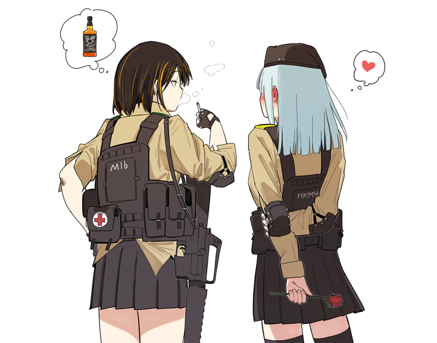 2girls alcohol arms_behind_back assault_rifle beret black_gloves black_skirt blunt_ends blush bottle breasts brown_hair bulletproof_vest cigarette collared_shirt commentary_request cowboy_shot ear_blush elbow_pads english_commentary fingerless_gloves flower from_behind full-face_blush girls_frontline gloves gun hand_on_hip hand_on_own_arm hand_up hat heart hk416_(girls_frontline) holding holding_cigarette holding_flower huqu imagining implied_yuri jack_daniel's korean_commentary load_bearing_vest long_hair long_sleeves looking_at_another m16a1 m16a1_(girls_frontline) medium_hair military military_uniform miniskirt mixed-language_commentary multicolored_hair multiple_girls orange_hair pleated_skirt red_cross rifle rose shirt side-by-side sidelocks silver_hair simple_background skirt sling smoke smoking streaked_hair tactical_clothes thigh-highs thought_bubble uniform weapon whiskey white_background yellow_eyes yellow_shirt younger
