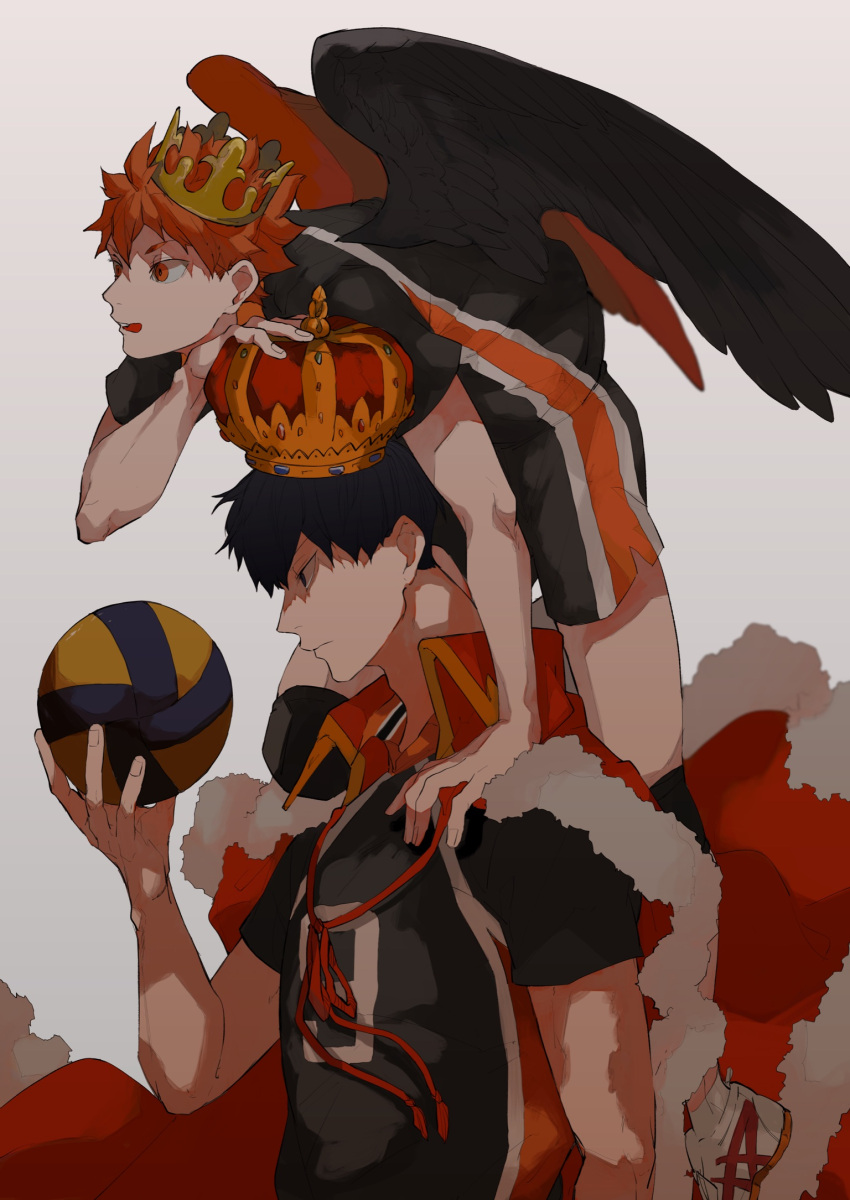 2boys ball bangs black_hair cape crown fur_trim haikyuu!! hand_on_another's_shoulder highres hinata_shouyou holding holding_ball kageyama_tobio looking_away male_focus multiple_boys open_mouth orange_eyes orange_hair profile shaded_face short_hair simple_background sportswear standing tatami06 volleyball_uniform wings