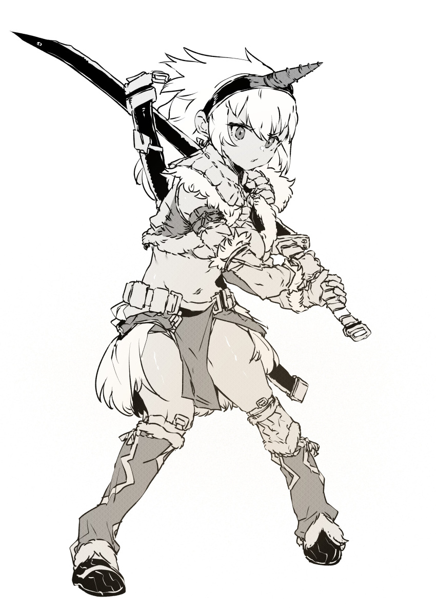 1girl absurdres armor bangs cropped_vest ddari detached_sleeves facing_viewer fighting_stance fur-trimmed_sleeves fur-trimmed_vest fur_trim gloves greyscale headband highres holding holding_sword holding_weapon horns kirin_(armor) legs_apart loincloth long_sword medium_hair midriff monochrome monster_hunter_(series) navel parted_lips pelvic_curtain simple_background solo standing stomach sword thighs vest weapon white_background