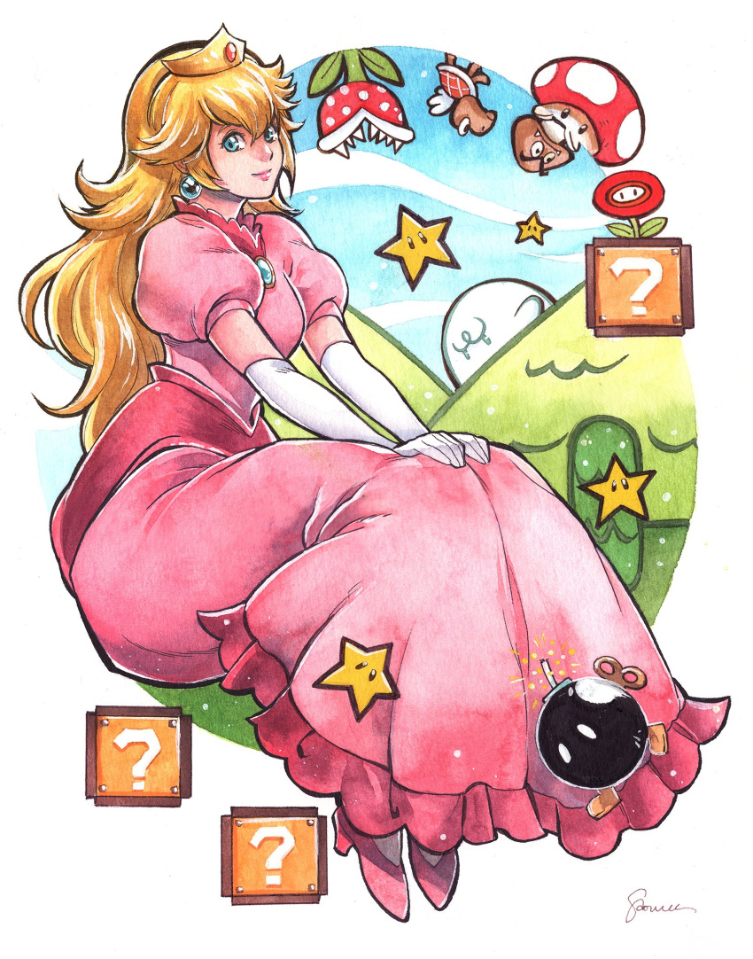 ?_block blonde_hair blue_eyes bob-omb bomb crown dress earrings fuse goomba highres jewelry koopa lipstick long_dress makeup pink_dress piranha_plant princess_peach puffy_short_sleeves puffy_sleeves sao_(saowee) short_sleeves sitting super_mario_bros. traditional_media watercolor_(medium)