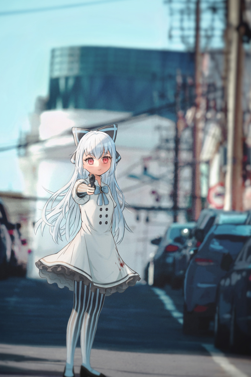 1girl absurdres aiming_at_viewer blood bloody_clothes blush girls_frontline gun handgun highres hsch long_hair outdoors pinstripe_pattern red_eyes smile solo striped tokarev_(girls_frontline) tokarev_tt-33 very_long_hair weapon white_hair