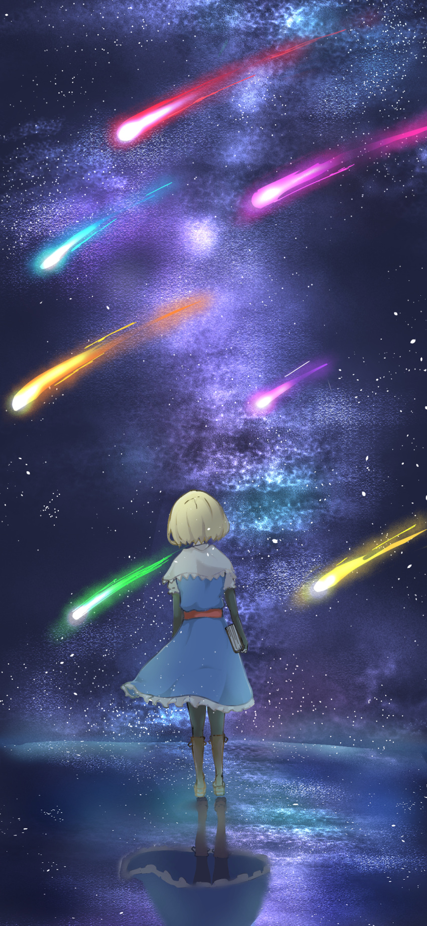 1girl absurdres alice_margatroid bangs belt blonde_hair blue_dress book boots brown_footwear capelet comet commentary_request dress from_behind full_body highres holding holding_book kurotaka light_particles night night_sky red_belt reflection short_hair sky solo standing star_(sky) starry_sky touhou white_capelet