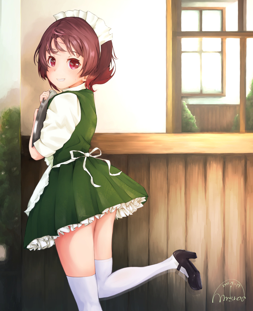 1girl absurdres alternate_costume alternate_legwear apron back building cowboy_shot dress enmaided eyebrows_visible_through_hair frilled_apron frilled_dress frills green_dress hair_between_eyes highres holding holding_tray kantai_collection looking_at_viewer looking_to_the_side maid maid_headdress mmk mutsuki_(kancolle) one-hour_drawing_challenge outdoors reflection signature smile solo standing standing_on_one_leg thigh-highs tray waist_apron waitress white_apron white_legwear window
