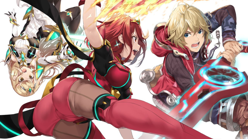 1boy 2girls bangs bare_shoulders black_gloves blonde_hair breasts chest_jewel dress earrings elbow_gloves fingerless_gloves gloves jewelry large_breasts long_hair mythra_(xenoblade) pyra_(xenoblade) red_eyes red_legwear red_shorts redhead short_dress short_hair short_shorts shorts shulk_(xenoblade) super_smash_bros. swept_bangs thigh-highs thigh_strap tiara very_long_hair white_dress white_footwear white_gloves xenoblade_chronicles xenoblade_chronicles_(series) xenoblade_chronicles_2 yappen yellow_eyes