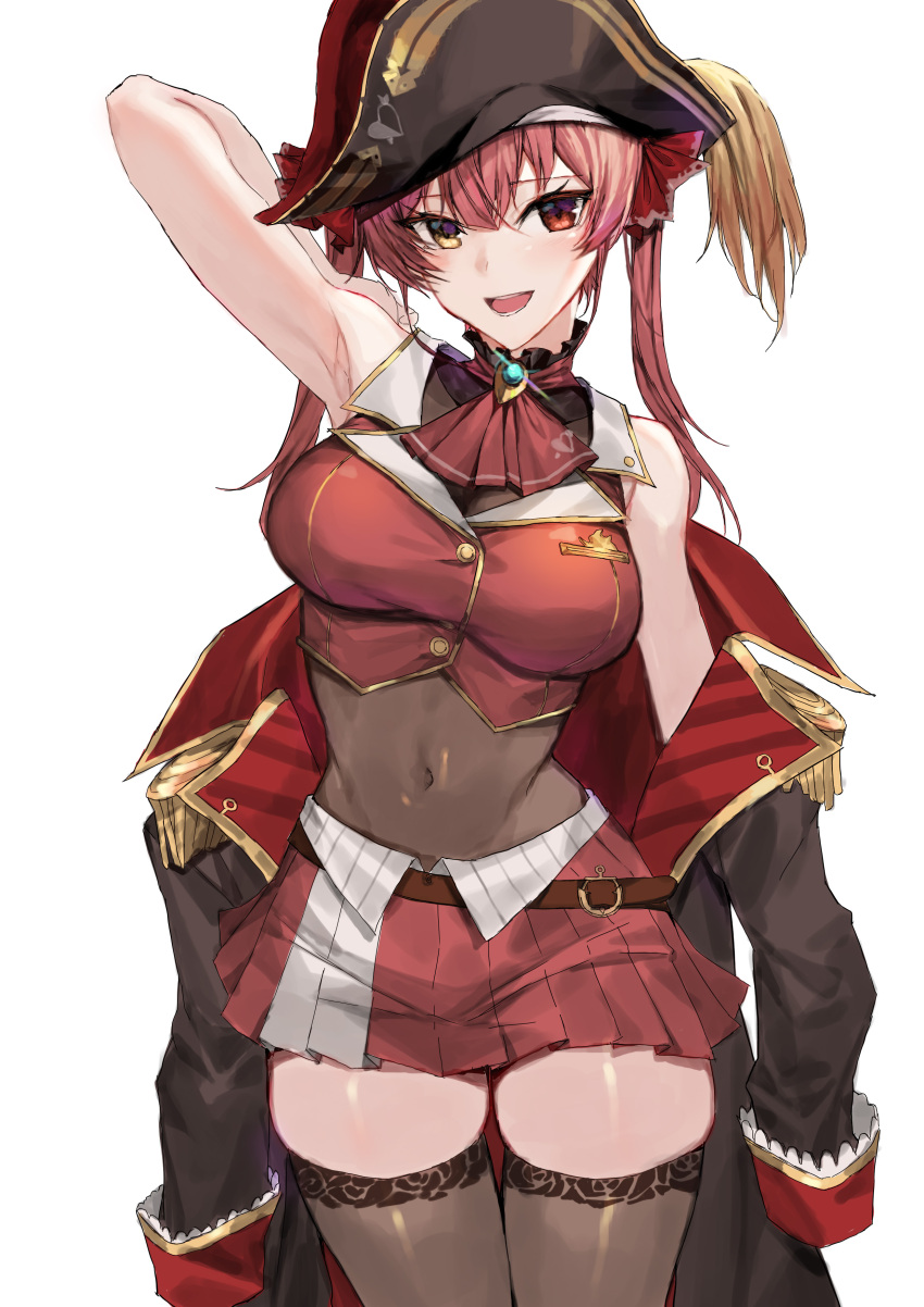 1girl absurdres armpits bangs bare_arms bare_shoulders black_coat black_legwear blush bow breasts coat covered_navel cowboy_shot eyebrows_visible_through_hair hat heterochromia highres hololive houshou_marine large_bow miniskirt molyb open_mouth pirate_hat pleated_skirt red_eyes red_shirt red_skirt redhead shirt simple_background skirt smile solo standing thigh-highs white_background yellow_eyes