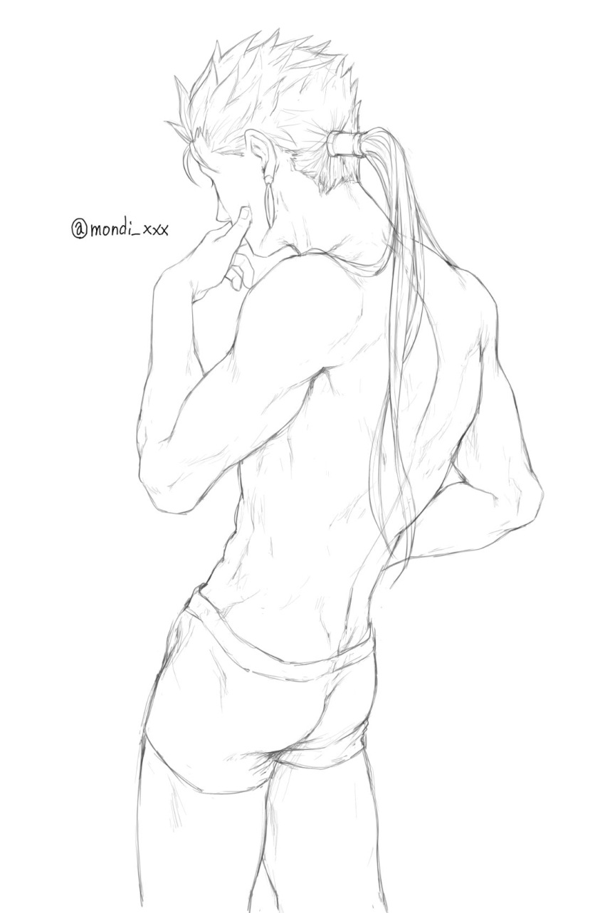 1boy ass back boxers commentary_request cowboy_shot cu_chulainn_(fate)_(all) cu_chulainn_(fate/stay_night) earrings fate/stay_night fate_(series) from_behind greyscale hand_to_own_mouth highres jewelry long_hair male_focus male_underwear mondi_hl monochrome ponytail shirtless simple_background solo spiky_hair standing twitter_username underwear