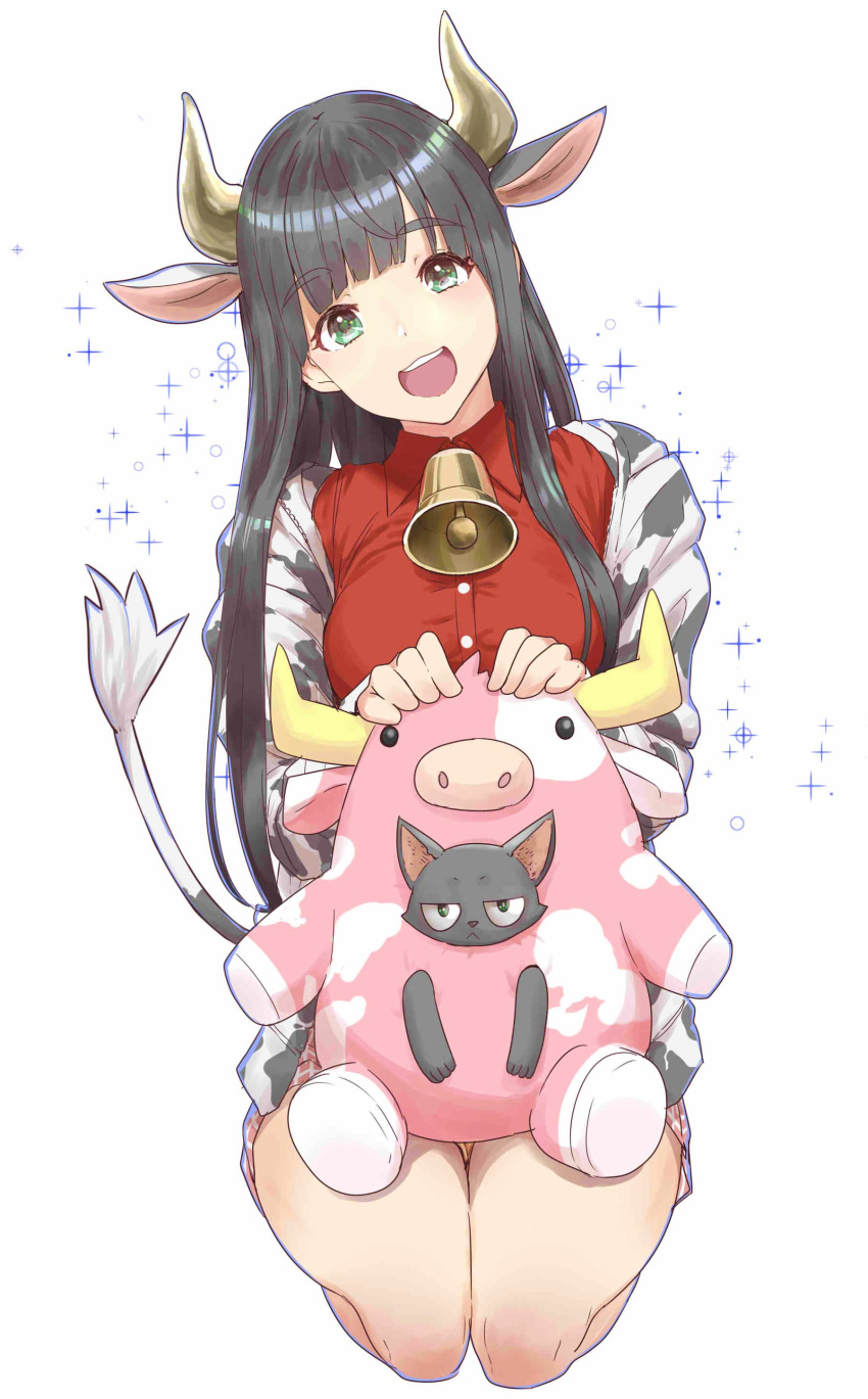 1girl :d absurdres animal_ears animal_on_lap bangs bell black_hair breasts cat chinese_zodiac chito_(flying_witch) collared_shirt cow_ears cow_girl cow_horns cow_tail dress_shirt eyebrows_visible_through_hair flying_witch green_eyes highres horns ishizuka_chihiro kowata_makoto large_breasts long_hair looking_at_viewer neck_bell new_year official_art open_mouth red_skirt seiza shirt simple_background sitting skirt smile solo sparkle straight_hair tail thick_eyebrows thighs upper_teeth white_background year_of_the_ox