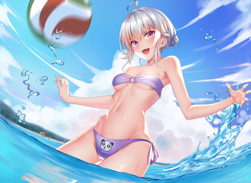 1girl :d absurdres ahoge aluo_7762 animal_print bandeau bangs bare_arms bare_shoulders bear_print bikini blue_sky breasts clouds cowboy_shot day eyebrows_visible_through_hair groin hair_between_eyes head_tilt highres looking_at_viewer navel o-ring o-ring_bikini open_mouth original outdoors panda_print pink_eyes purple_bikini short_hair side-tie_bikini silver_hair sky small_breasts smile solo standing stomach strapless strapless_bikini swimsuit thighs volleyball wading water