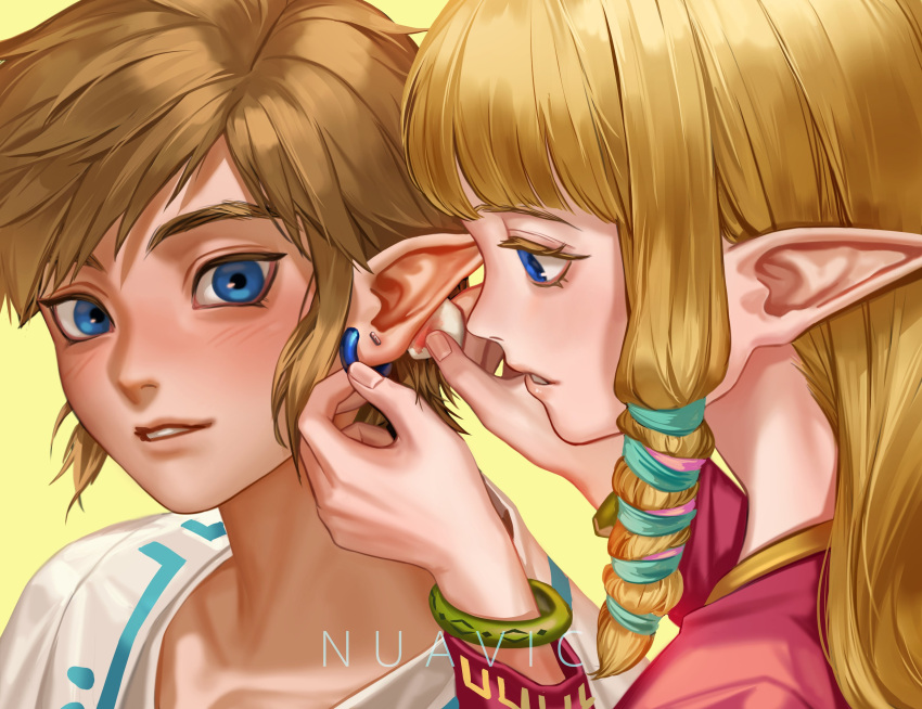 1boy 1girl absurdres blonde_hair blue_eyes blush bracelet colored_eyelashes dress earrings hair_ribbon highres jewelry link long_hair nuavic parted_lips pink_dress pointy_ears princess_zelda putting_on_jewelry ribbon shirt sidelocks the_legend_of_zelda upper_body white_shirt yellow_background