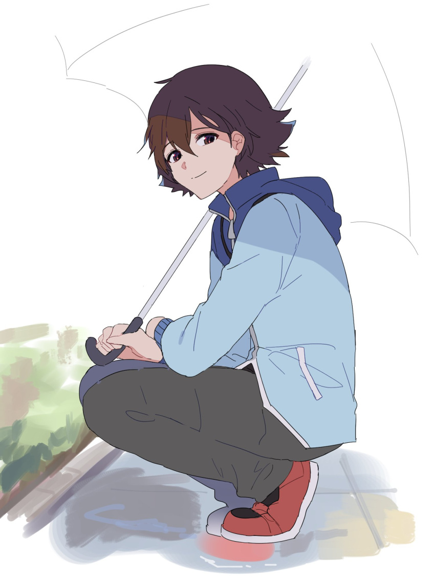 1boy blue_jacket brown_eyes brown_hair closed_mouth eyelashes full_body highres hilbert_(pokemon) holding holding_umbrella jacket long_sleeves looking_at_viewer looking_to_the_side male_focus p_(flavorppp) pants pokemon pokemon_(game) pokemon_bw red_footwear shoes short_hair smile solo squatting symbol_commentary umbrella zipper_pull_tab