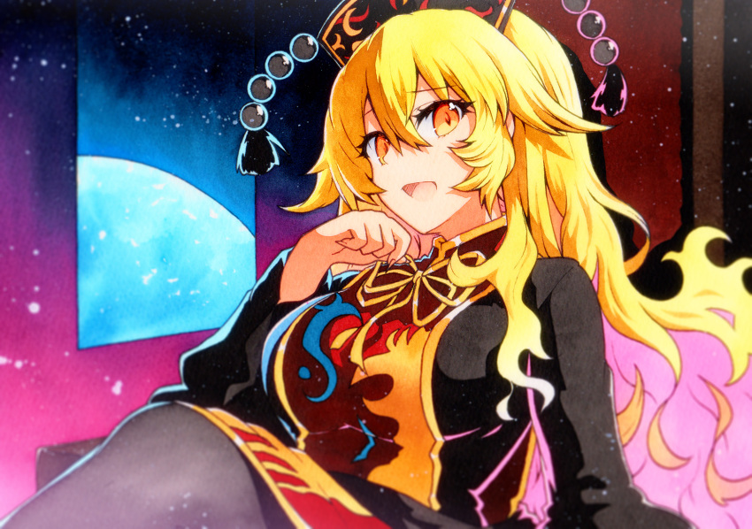 1girl :d arm_support blonde_hair breasts gold_trim hair_between_eyes hand_up highres junko_(touhou) large_breasts light_particles long_hair long_sleeves looking_at_viewer open_mouth orange_eyes qqqrinkappp smile solo tabard touhou upper_body wide_sleeves