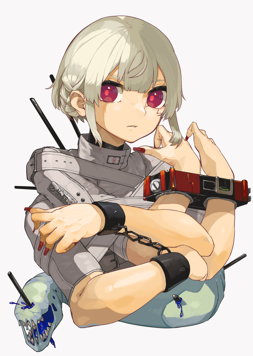 1girl absurdres blue_blood bound bound_wrists chain creature cuffs extra_arms fingernails handcuffs highres long_fingernails looking_at_viewer nail_polish original parted_lips red_eyes shackles solo stake white_background white_hair yuyu_ekaki_dayo
