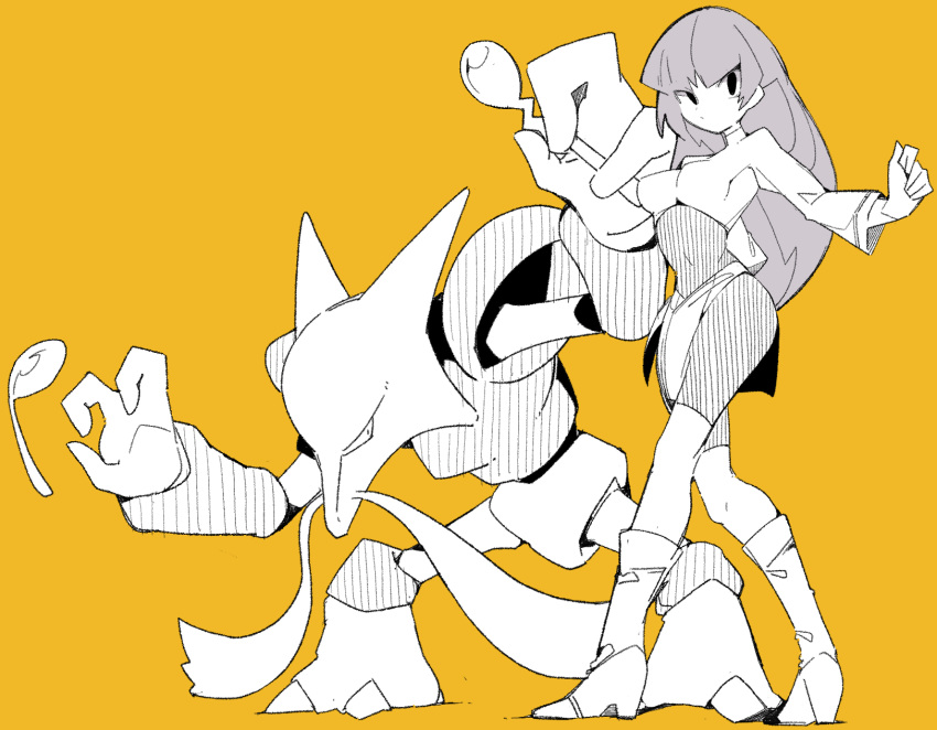 1girl alakazam boots brown_background full_body gen_1_pokemon greyscale gym_leader highres holding holding_spoon long_hair long_sleeves looking_at_viewer ma_sakasama monochrome pokemon pokemon_(creature) sabrina_(pokemon) simple_background spoon standing