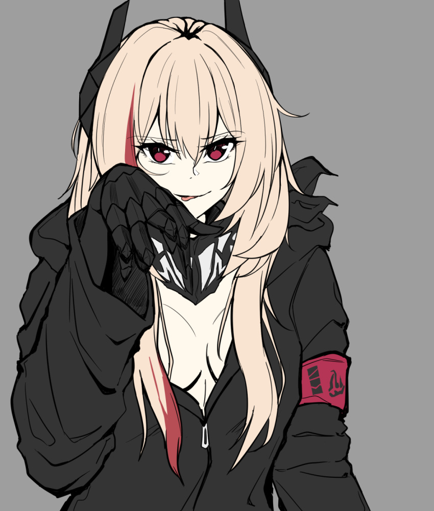 1girl black_jacket black_scarf blonde_hair breasts eyebrows_visible_through_hair girls_frontline grey_background highres jacket long_hair looking_at_viewer loveu m4_sopmod_ii_(girls_frontline) mechanical_arms multicolored_hair open_clothes open_jacket red_eyes scarf single_mechanical_arm solo tongue tongue_out