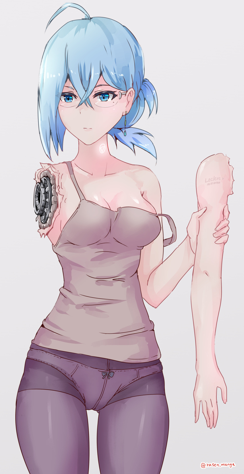 1girl absurdres android blue_eyes blue_hair breasts damaged detached_arm glasses highres mechanical_parts pantyhose rasen_manga simple_background thighs vivy vivy:_fluorite_eye's_song
