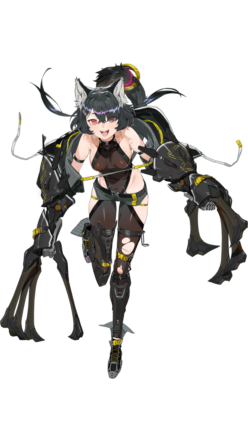 1girl :d animal_ears artist_request black_hair black_legwear bob_cut breasts claws eyes_visible_through_hair galaxy_fantasy gauntlets greaves hair_over_one_eye highres jacket leotard medium_breasts mole mole_on_breast off_shoulder official_art open_mouth red_eyes shoes short_hair short_shorts shorts simple_background smile sneakers solo standing standing_on_one_leg tachi-e tail thigh-highs torn_clothes torn_legwear transparent_background